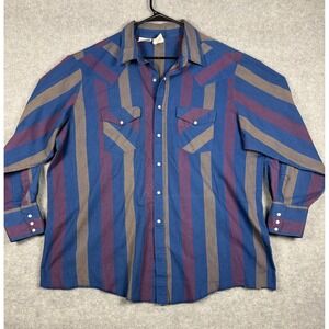 VTG Western Frontier Pearl Snap Western Shirt Striped 2X Blue Purple Tan USA